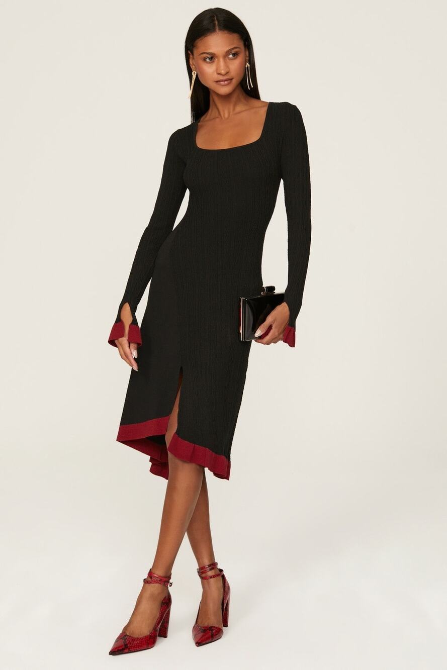 Esteban Cortazar Black Red Square Neck Knit Midi Long Sleeve Sweater Dress Sz M